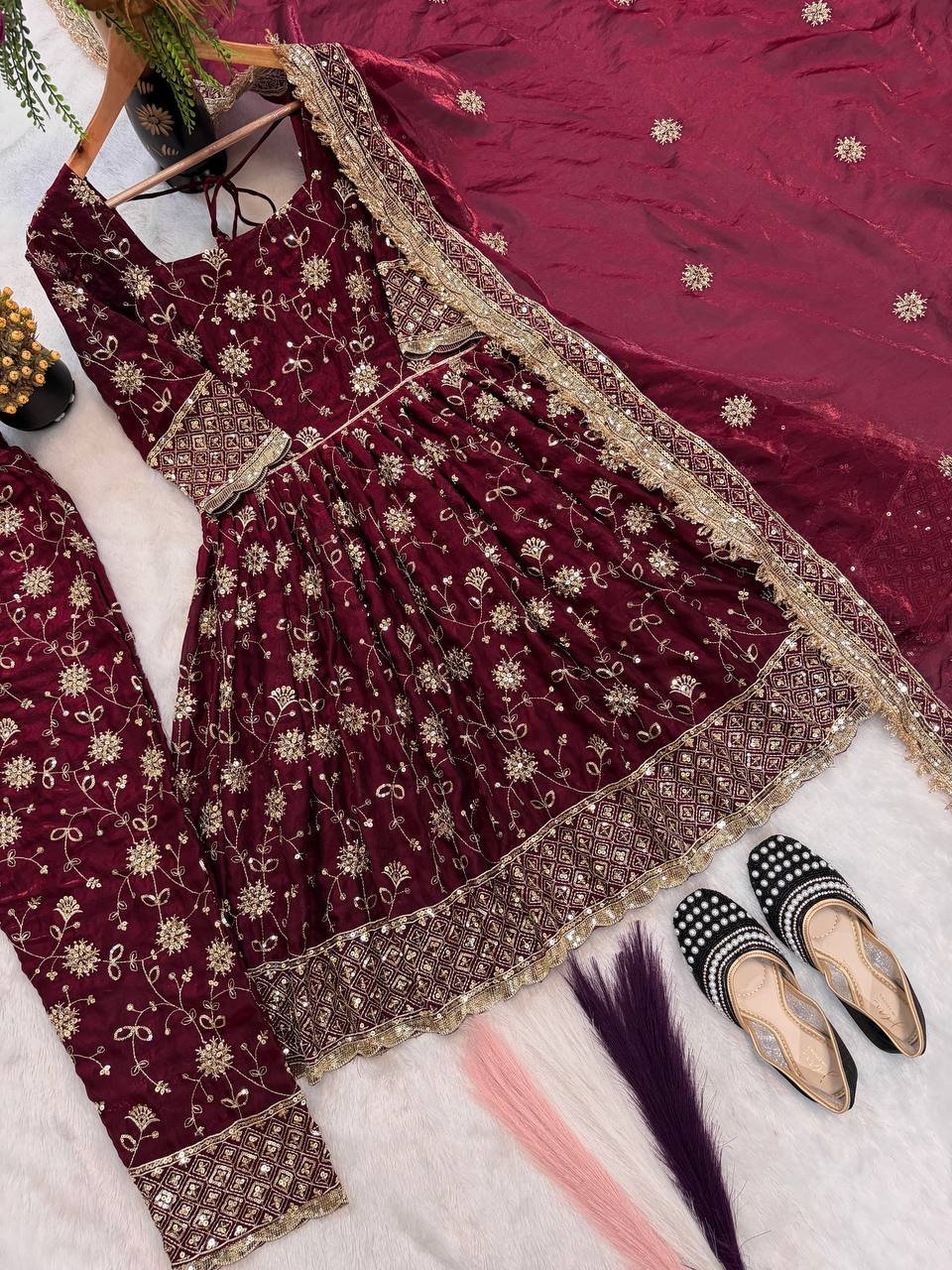 Maroon Heavy Embroidered Top Gown Suit Set