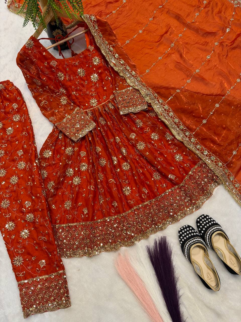 Rust Orange Heavy Embroidered Top Gown Suit Set