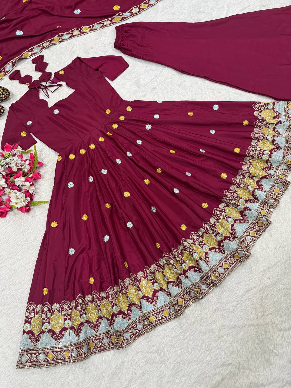 Wine Magenta Border Embroidered Anarkali Suit with Dupatta
