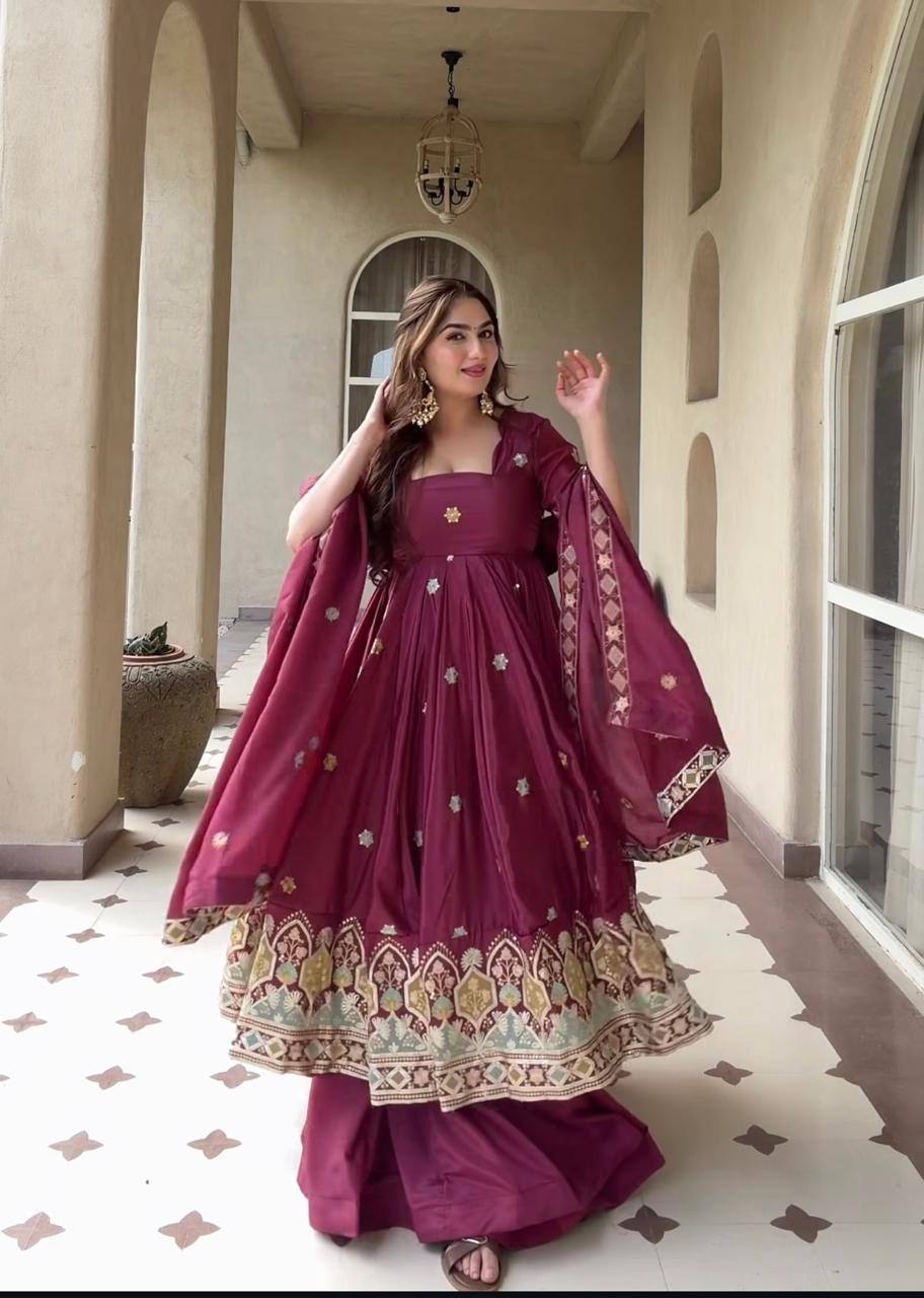 Wine Magenta Border Embroidered Anarkali Suit with Dupatta