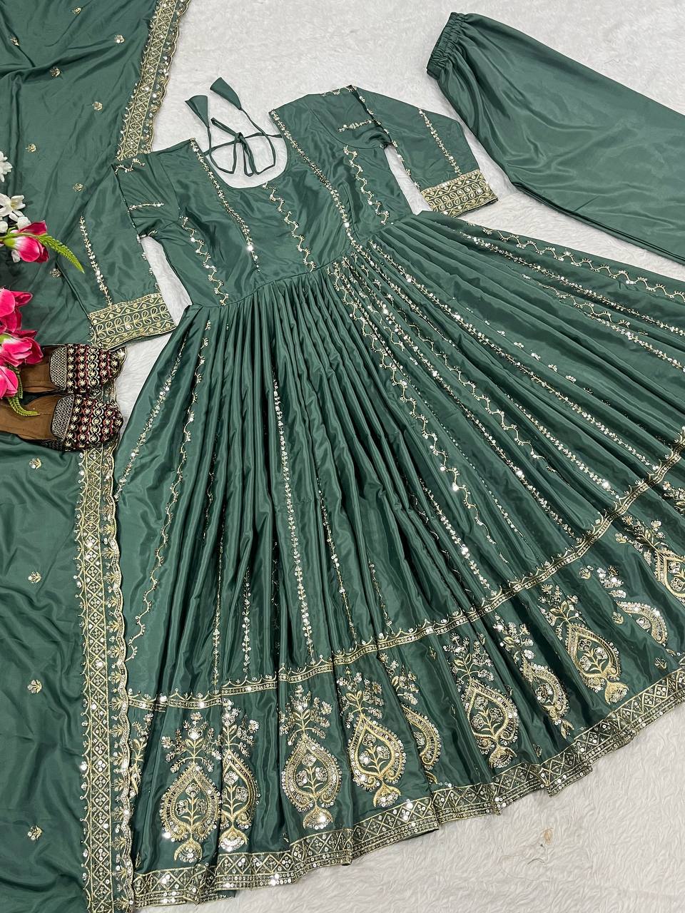 Bottle Green Heavy Sequin Embroidered Anarkali Suit with Dupatta