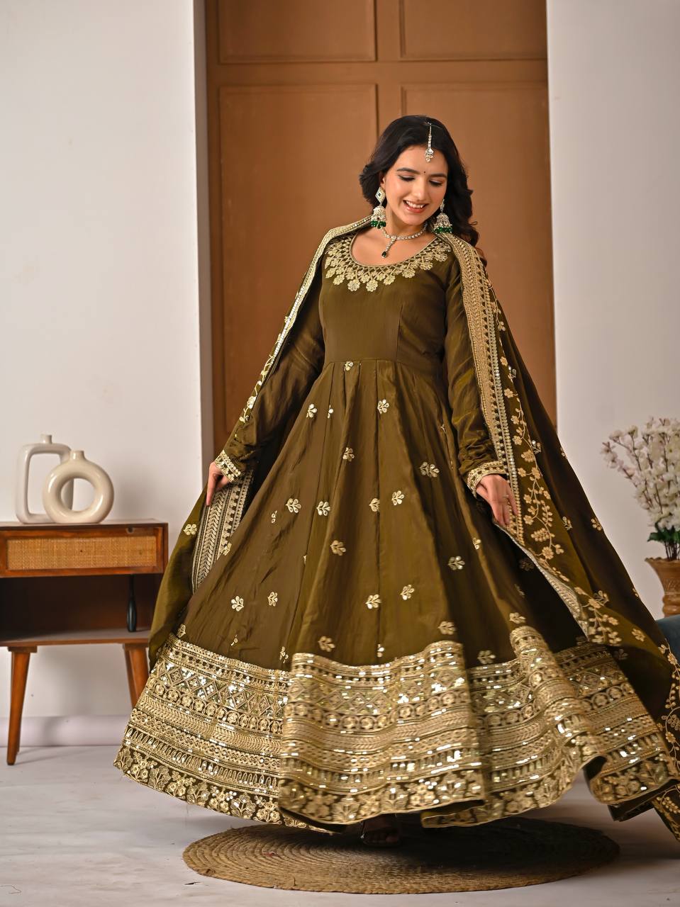 Olive Bronze Heavy Sequin Embroidered Anarkali Suit with Dupatta