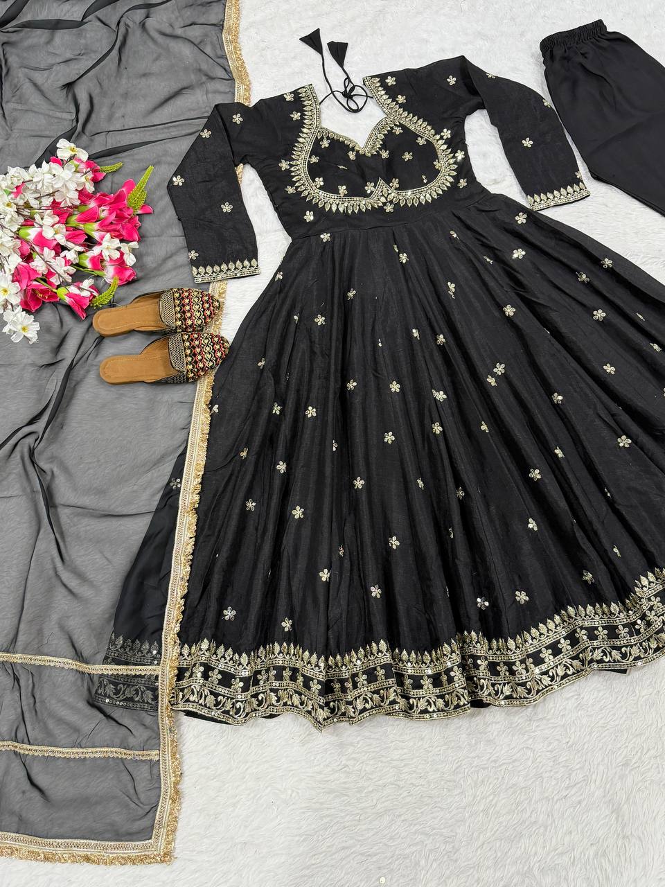 Black Floral Embroidered Anarkali Suit with Dupatta
