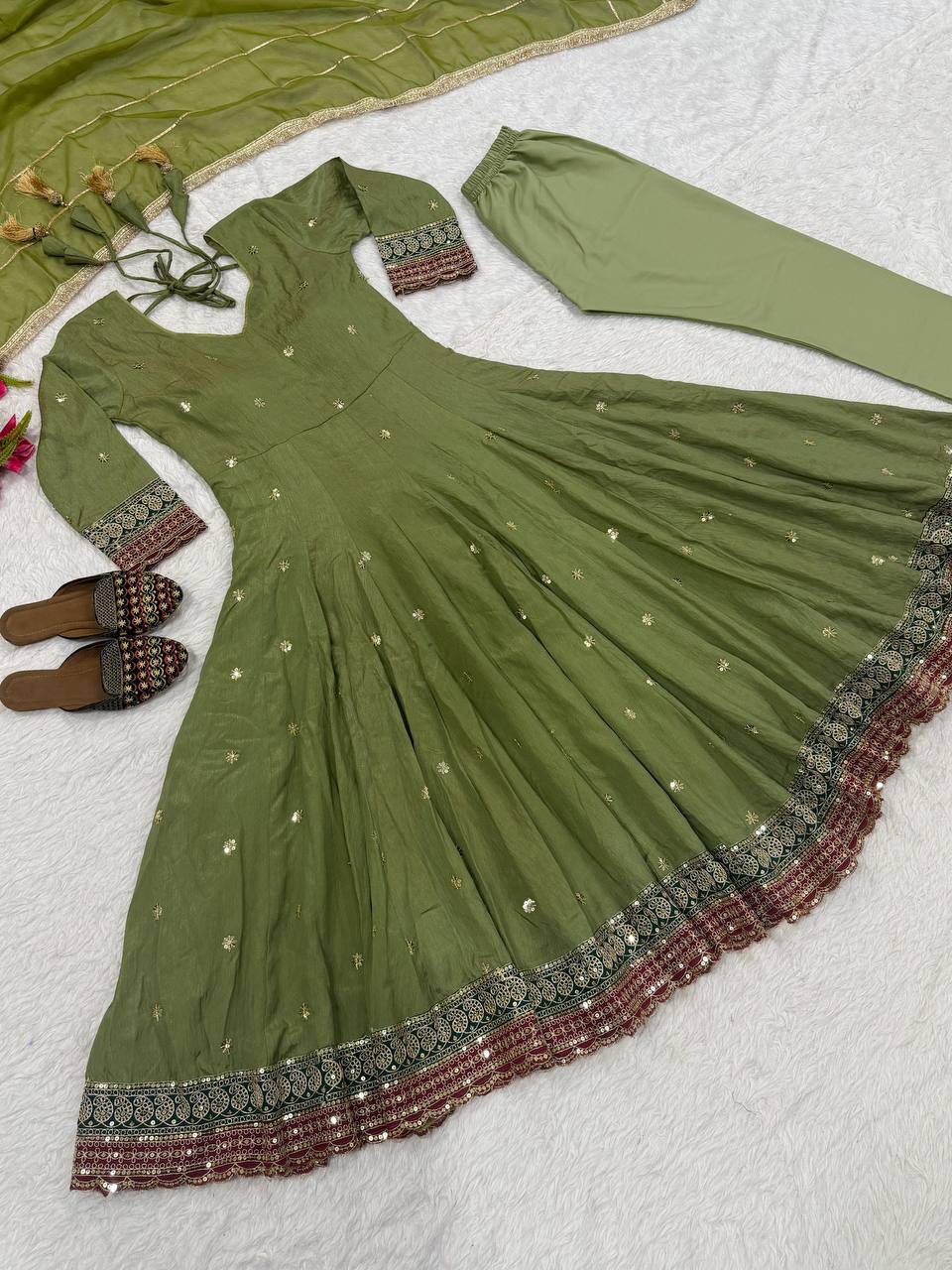 Olive Green Embroidered Anarkali Suit with Dupatta