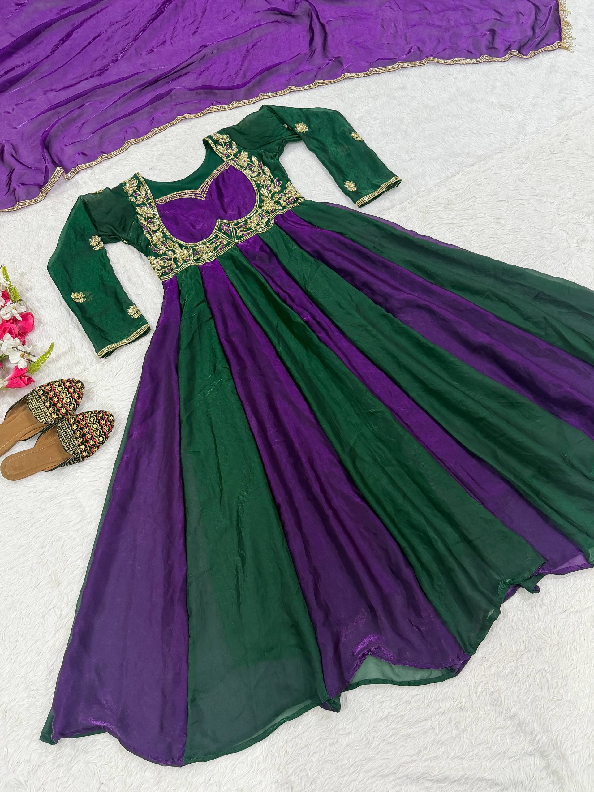Purple Green Colorblock Anarkali Gown