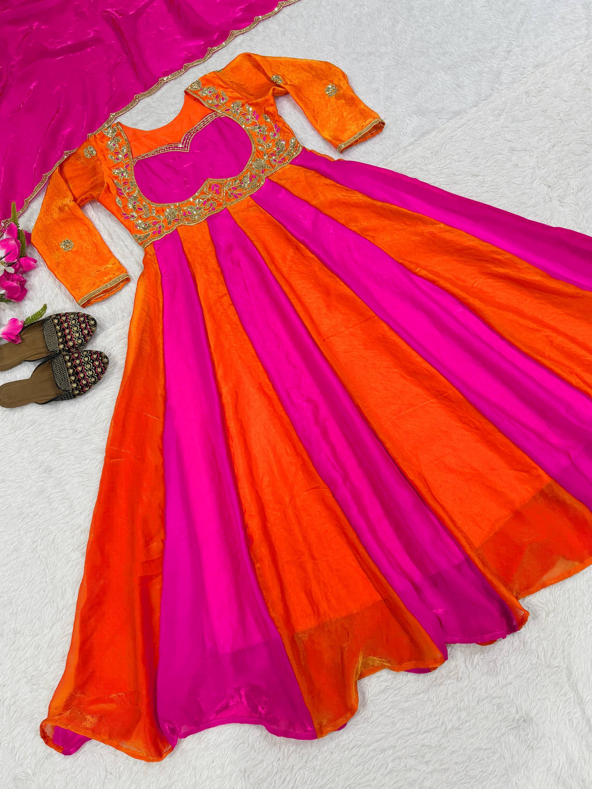 Orange Pink Colorblock Anarkali Gown