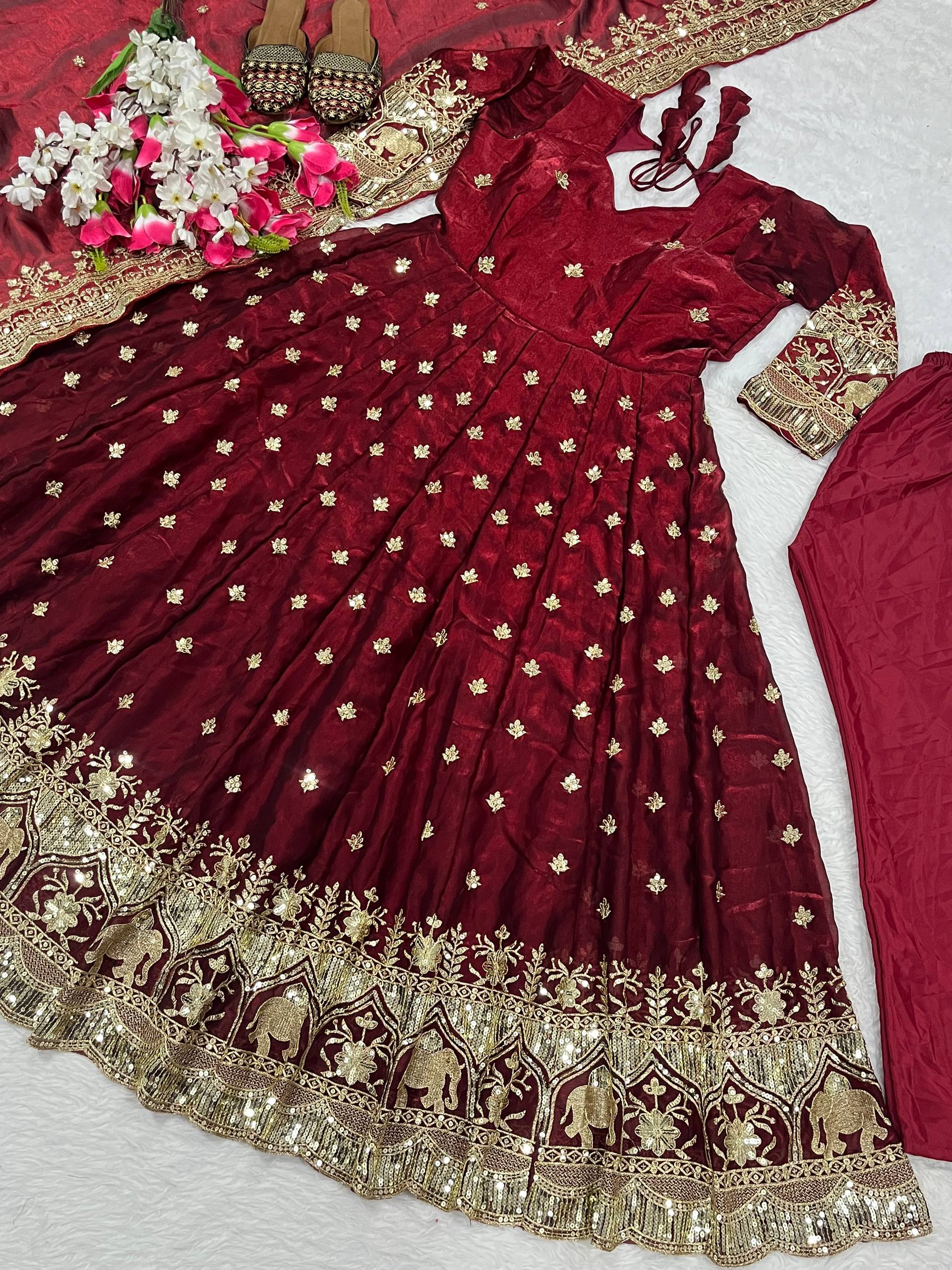 Maroon Sequin Embroidered Anarkali Suit with Dupatta