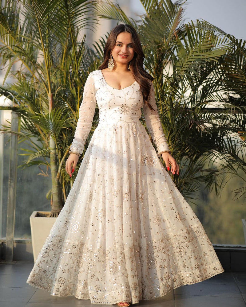 Full Heavy Work White Color Georgette Anarkali Gown