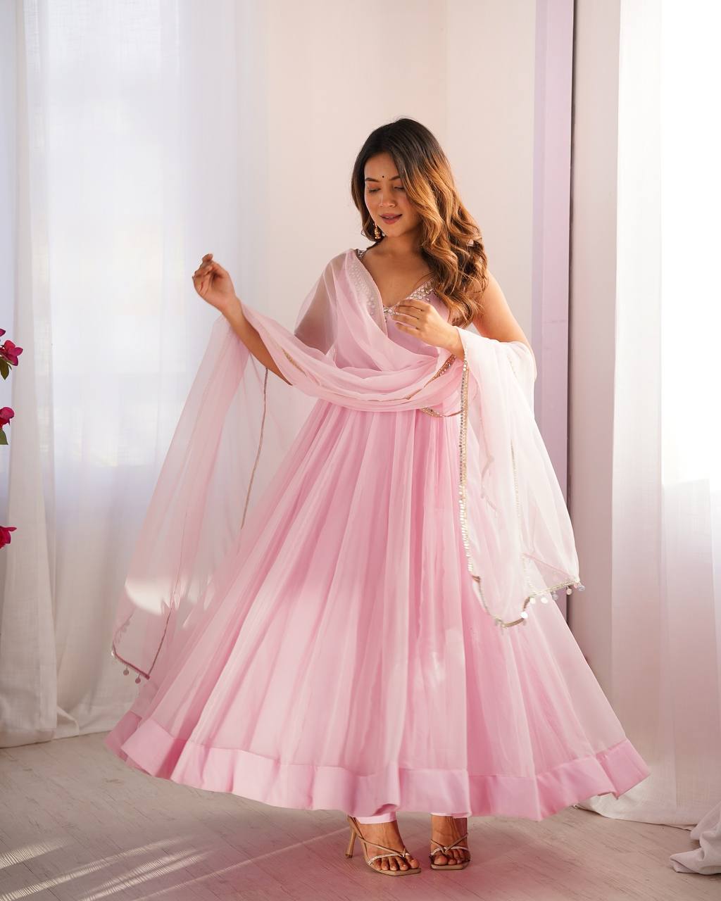 Baby Pink Color Georgette Three Piece Anarkali Suit