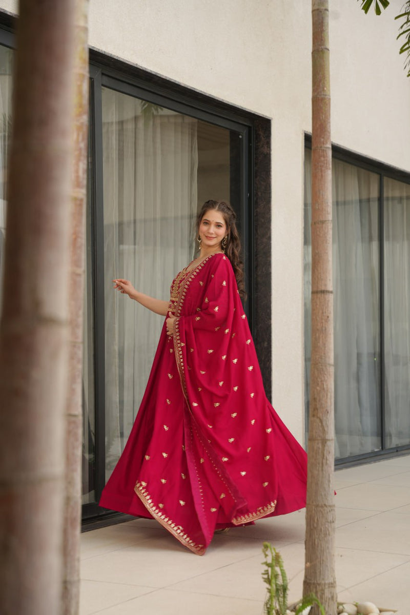 Rani Pink Color Vichitra Silk Embroidered Gown