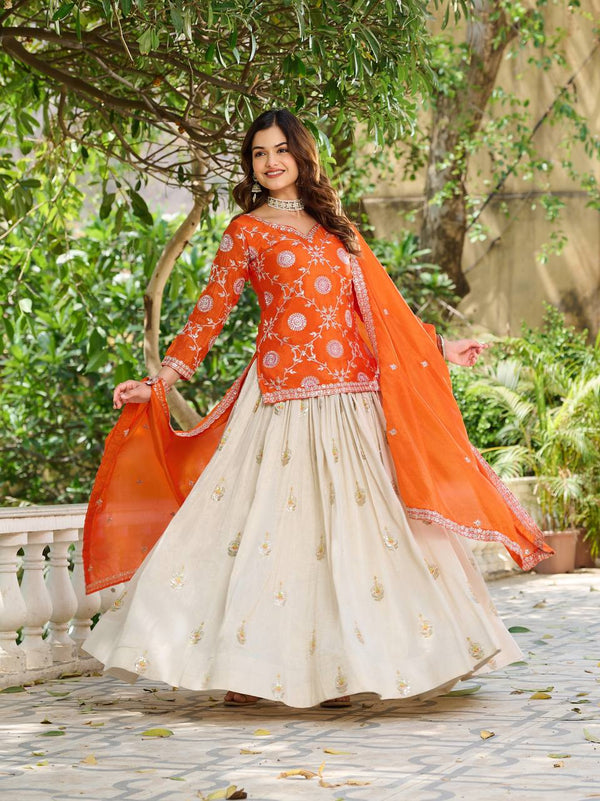 Orange Color Wedding Wear Zari Sequins Embroidery Work Lehenga Choli