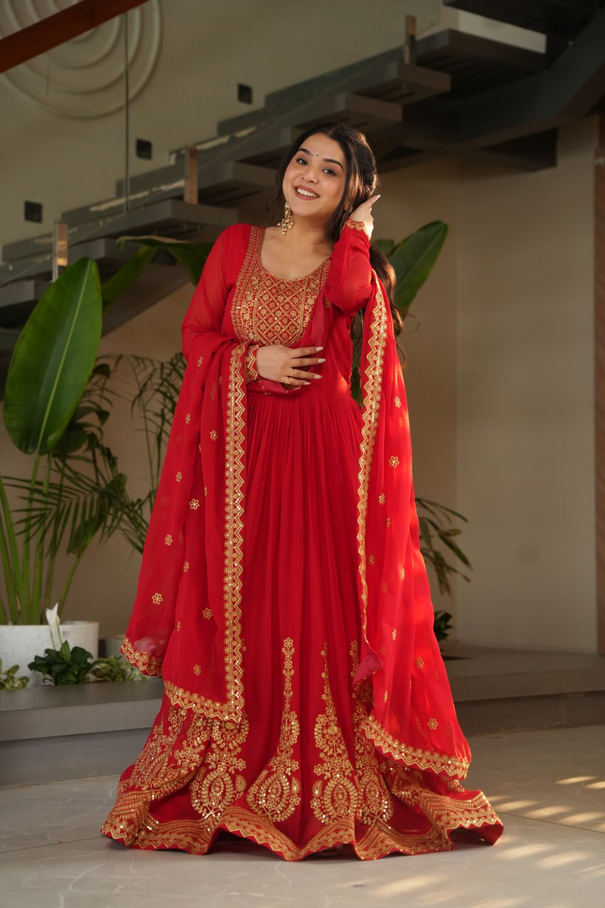 Red Color Faux Blooming Embroidered Gown