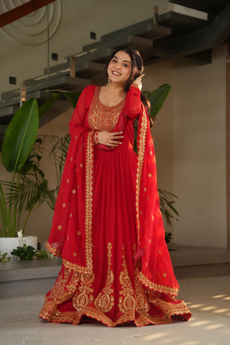 Red Color Faux Blooming Embroidered Gown