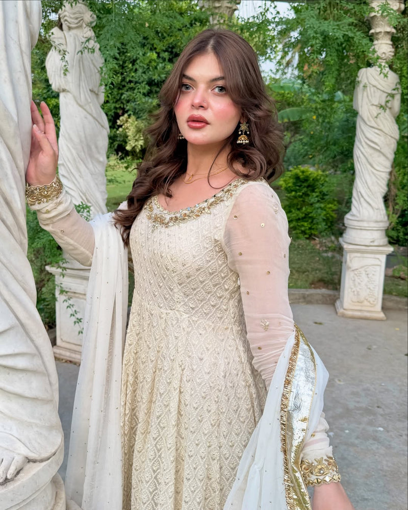 Pretty White Color Sequence Work Anarkali Gown