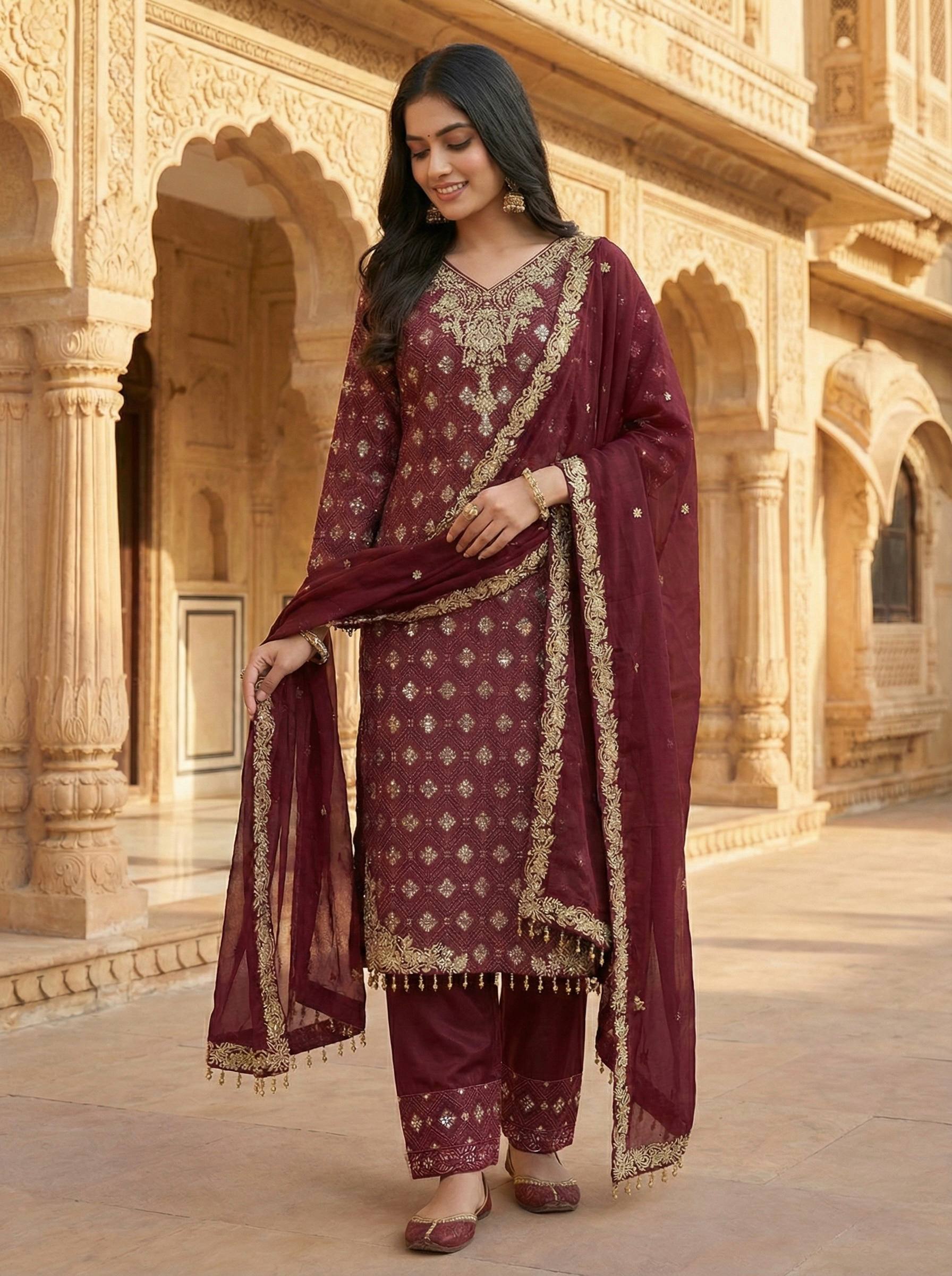 Ramzan Eid Collection Maroon Embroidered Salwar Suit With Dupatta