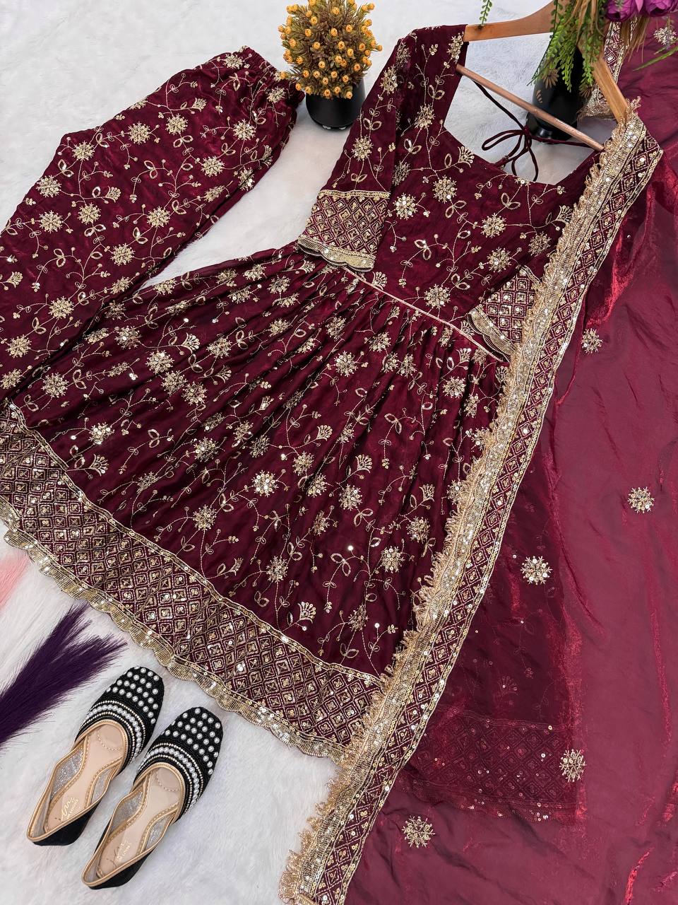 Maroon Heavy Embroidered Top Gown Suit Set