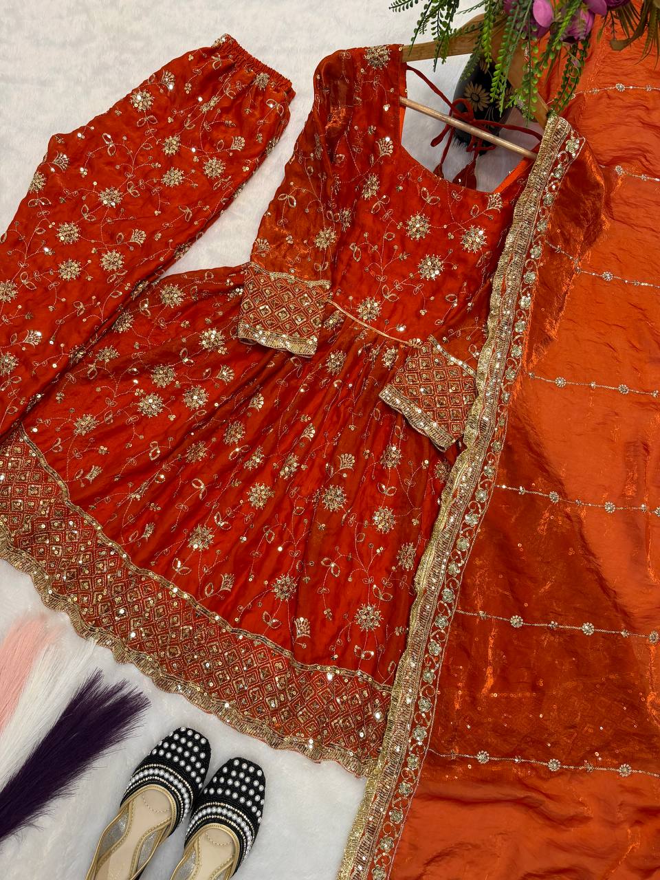 Rust Orange Heavy Embroidered Top Gown Suit Set