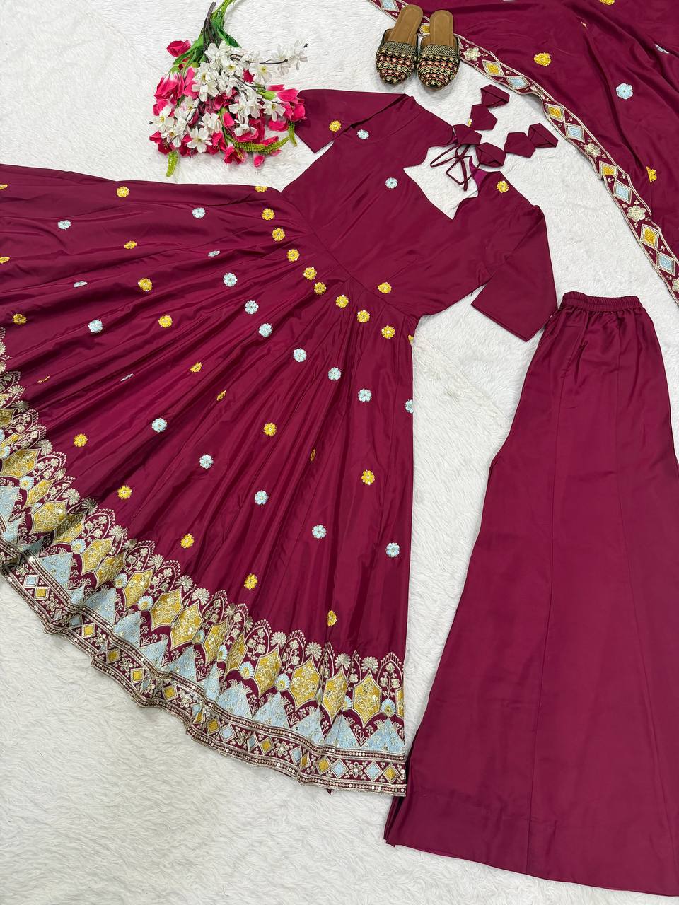 Wine Magenta Border Embroidered Anarkali Suit with Dupatta