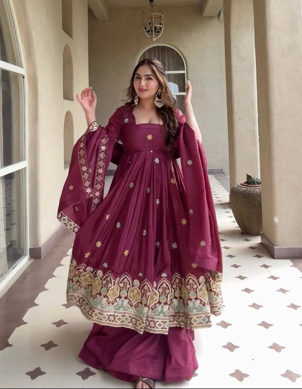 Wine Magenta Border Embroidered Anarkali Suit with Dupatta
