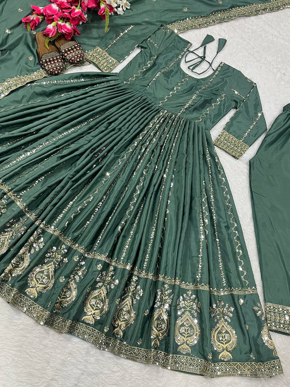 Bottle Green Heavy Sequin Embroidered Anarkali Suit with Dupatta