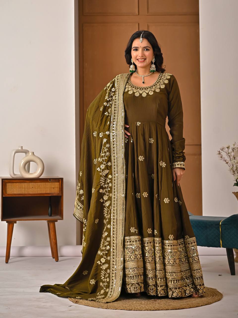 Olive Bronze Heavy Sequin Embroidered Anarkali Suit with Dupatta
