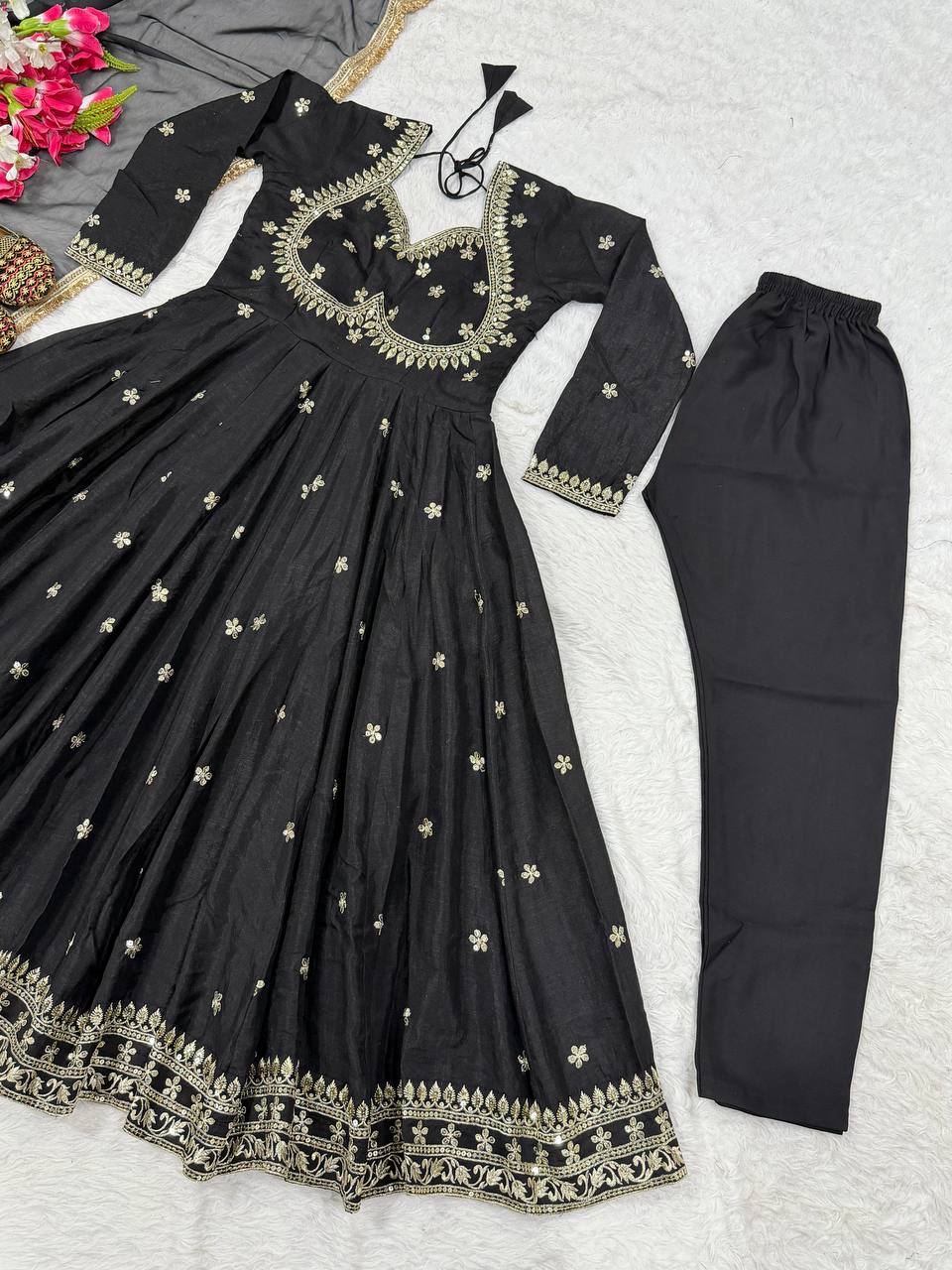 Black Floral Embroidered Anarkali Suit with Dupatta