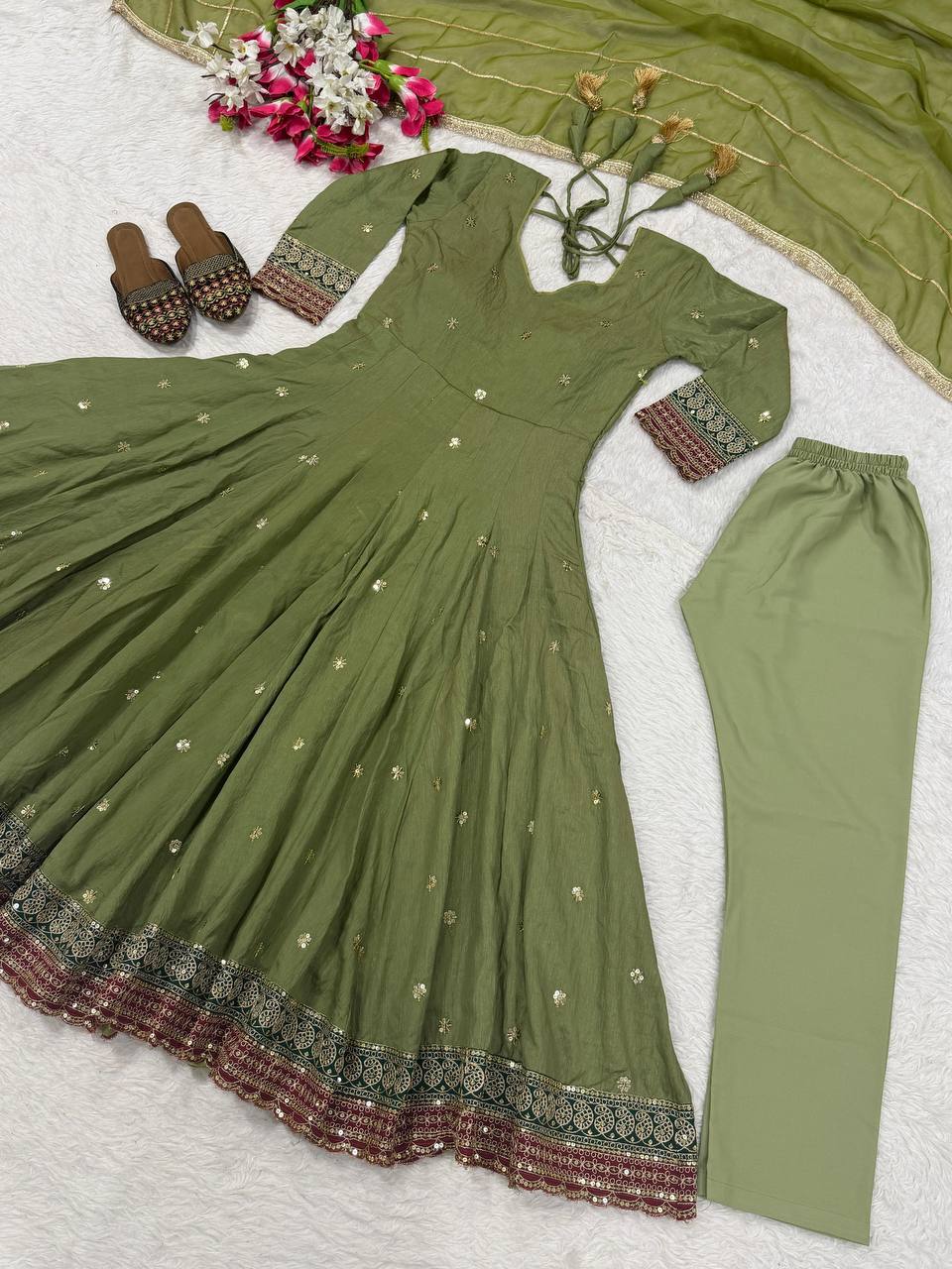 Olive Green Embroidered Anarkali Suit with Dupatta