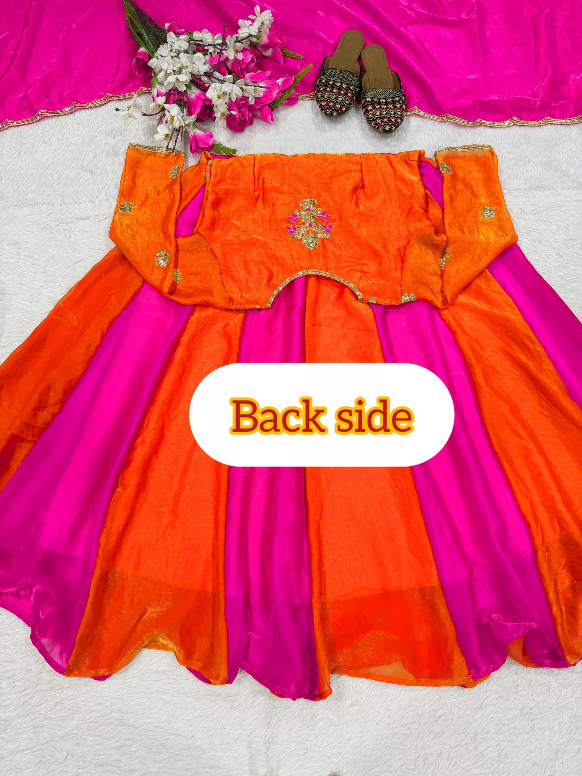 Orange Pink Colorblock Anarkali Gown