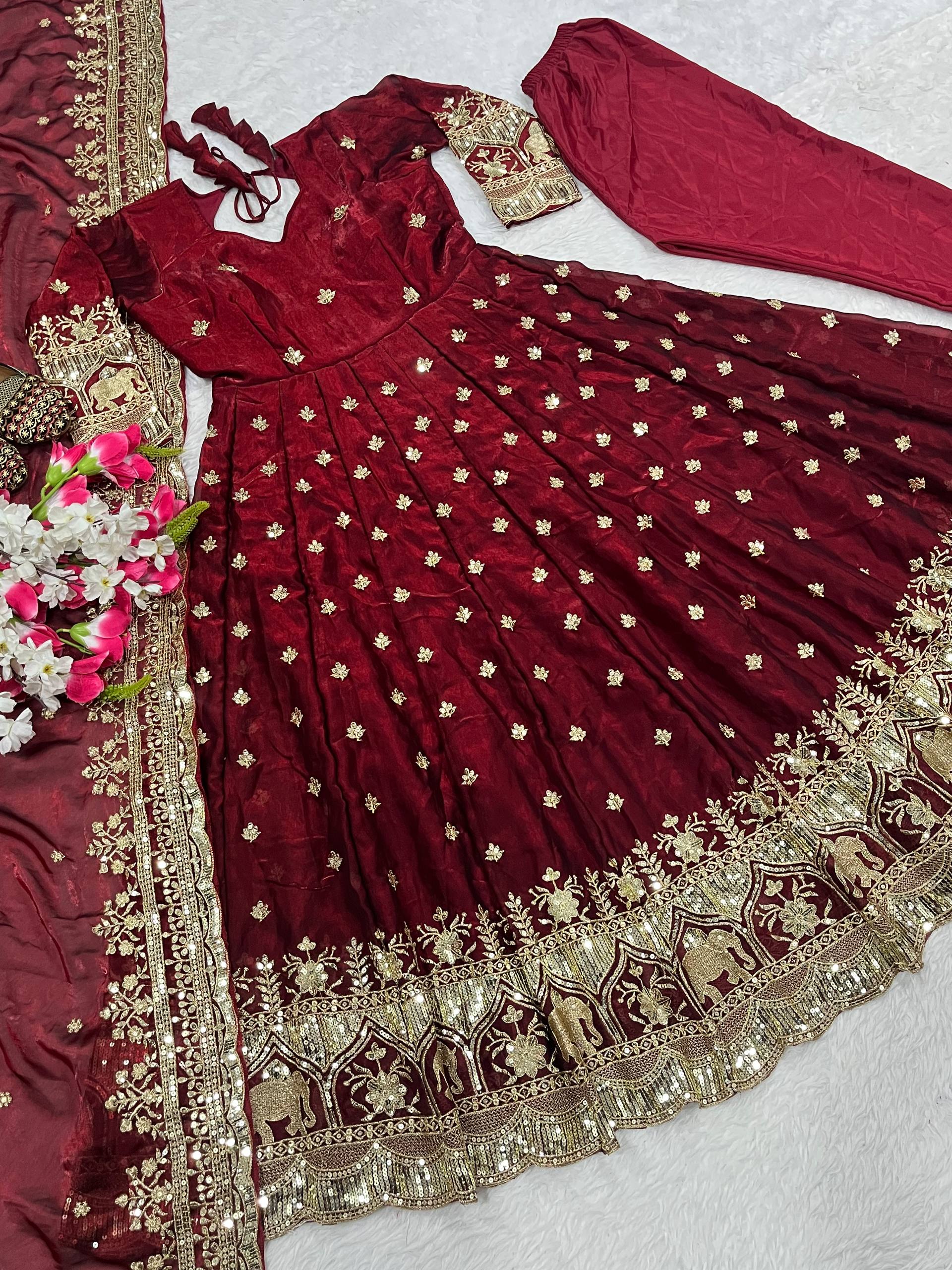 Maroon Sequin Embroidered Anarkali Suit with Dupatta