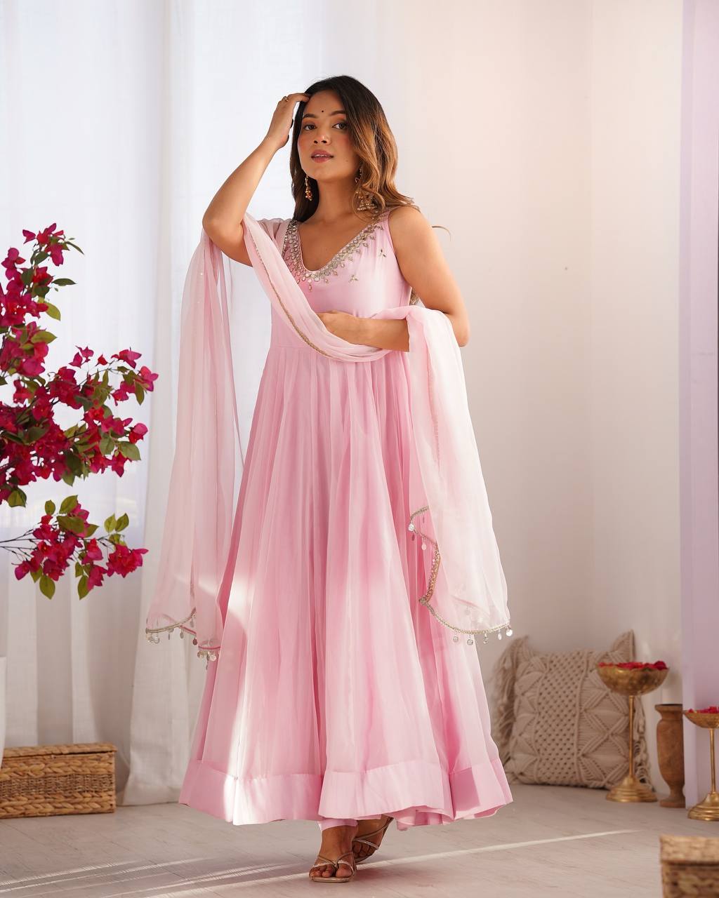 Baby Pink Color Georgette Three Piece Anarkali Suit