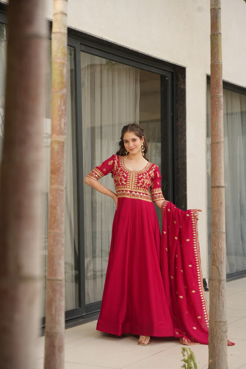 Rani Pink Color Vichitra Silk Embroidered Gown