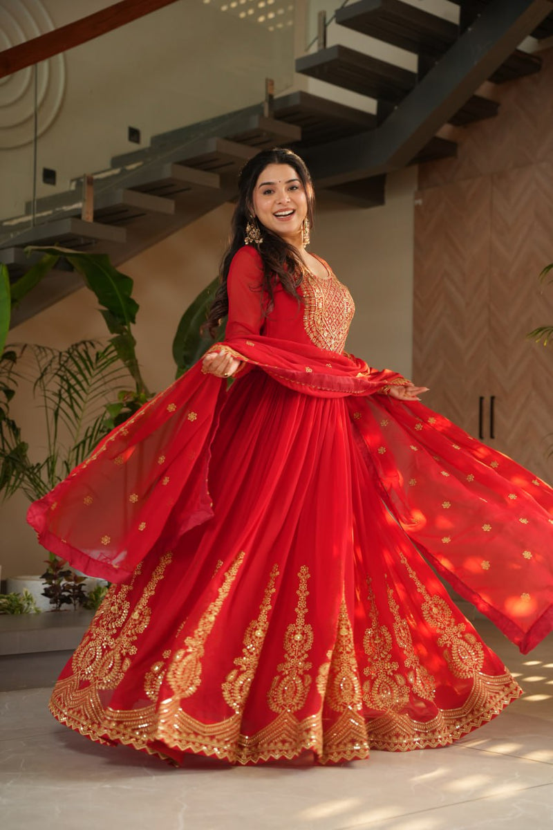 Red Color Faux Blooming Embroidered Gown