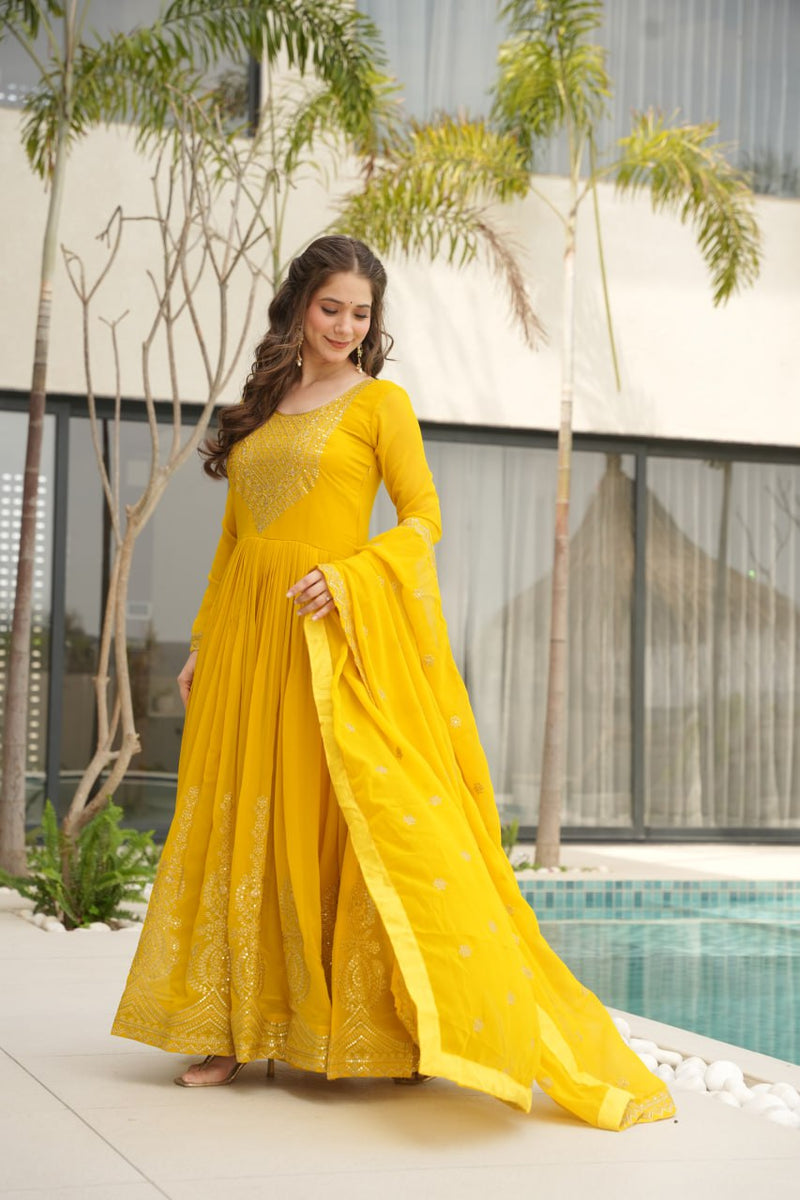 Yellow Color Faux Blooming Embroidered Gown