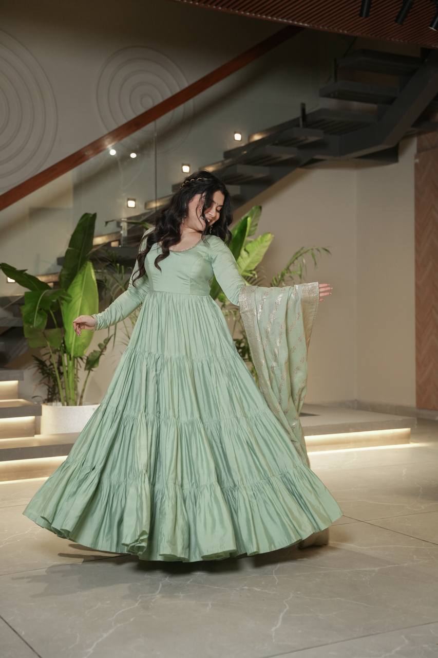 Gorgeous Pista Green Anarkali Gown With Banarasi Silk Dupatta subhvastra Gorgeous Pista Green Anarkali Gown With Banarasi Silk Dupatta subhvastra