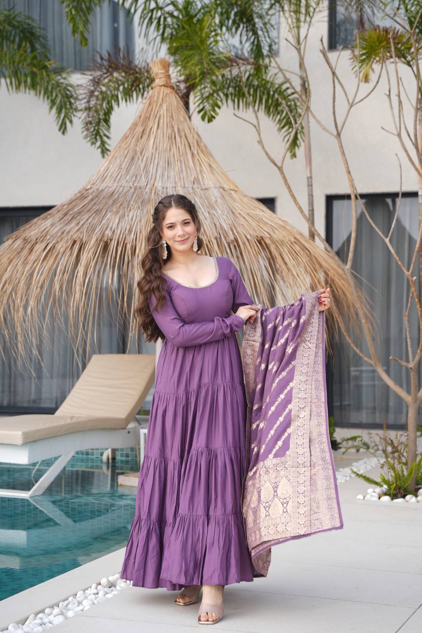 Dusty Purple Color Pure Chanderi Silk Frill Style Anarkali Suit