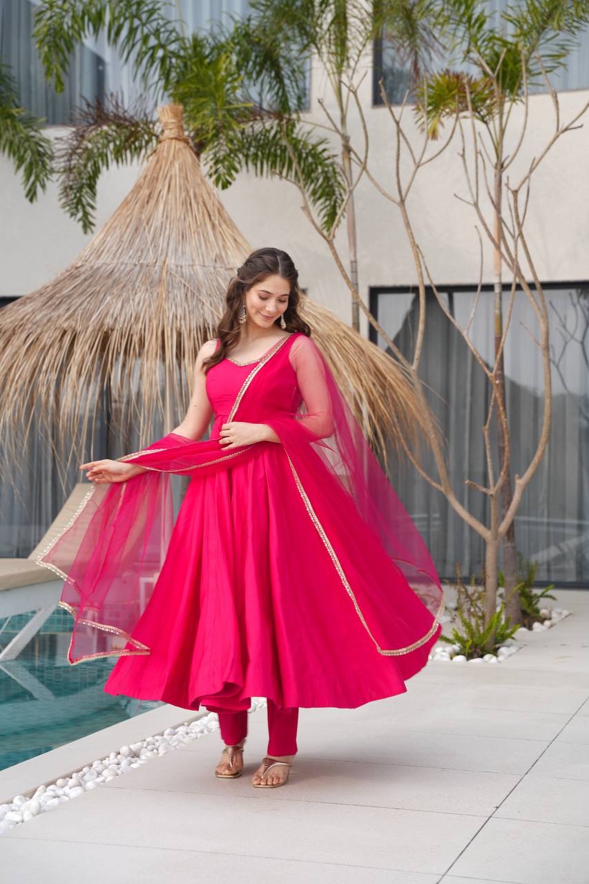 Rani Pink Color Chanderi Pure Roman Silk Anarkali Suit