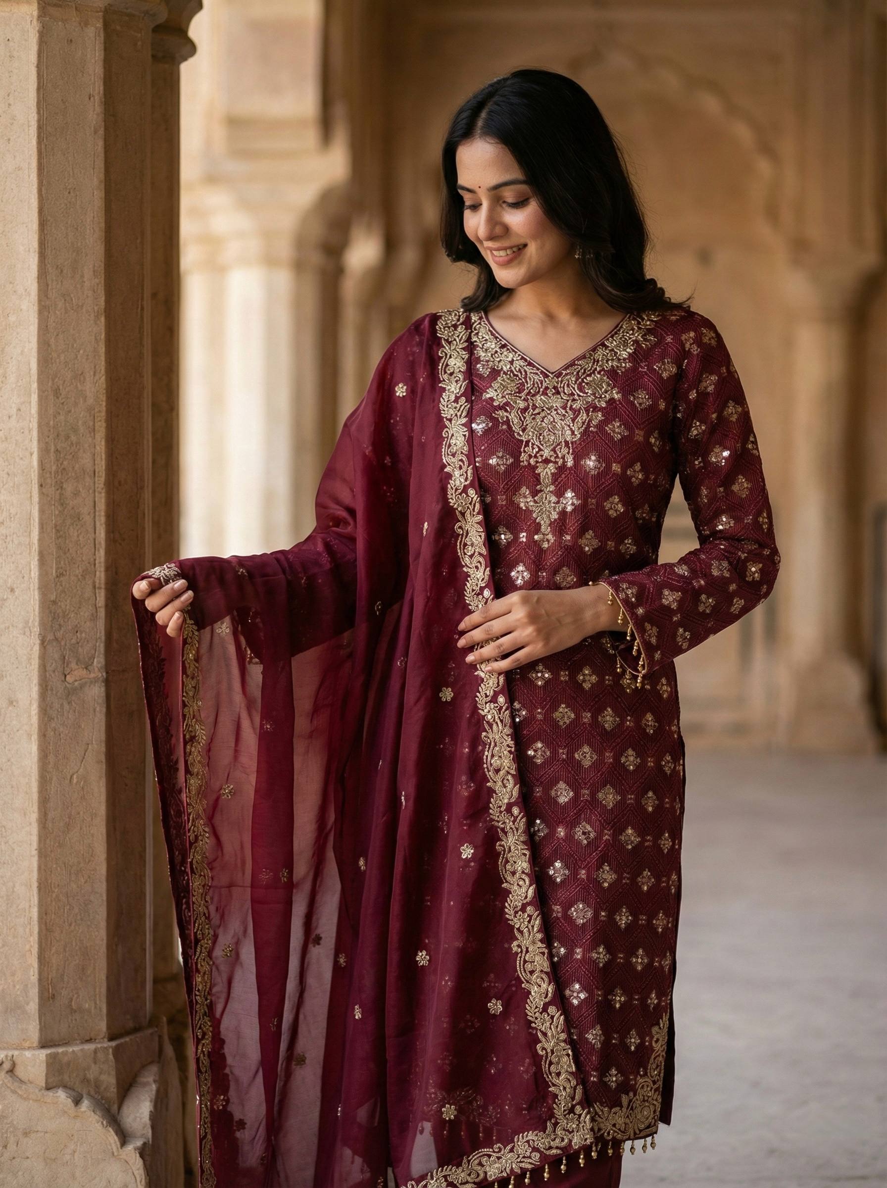Ramzan Eid Collection Maroon Embroidered Salwar Suit With Dupatta