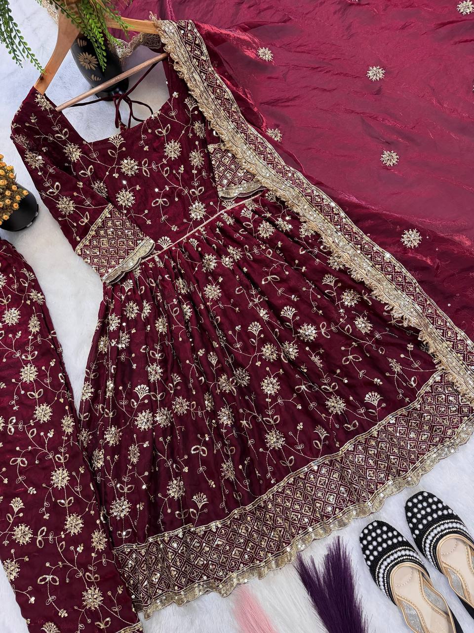Maroon Heavy Embroidered Top Gown Suit Set