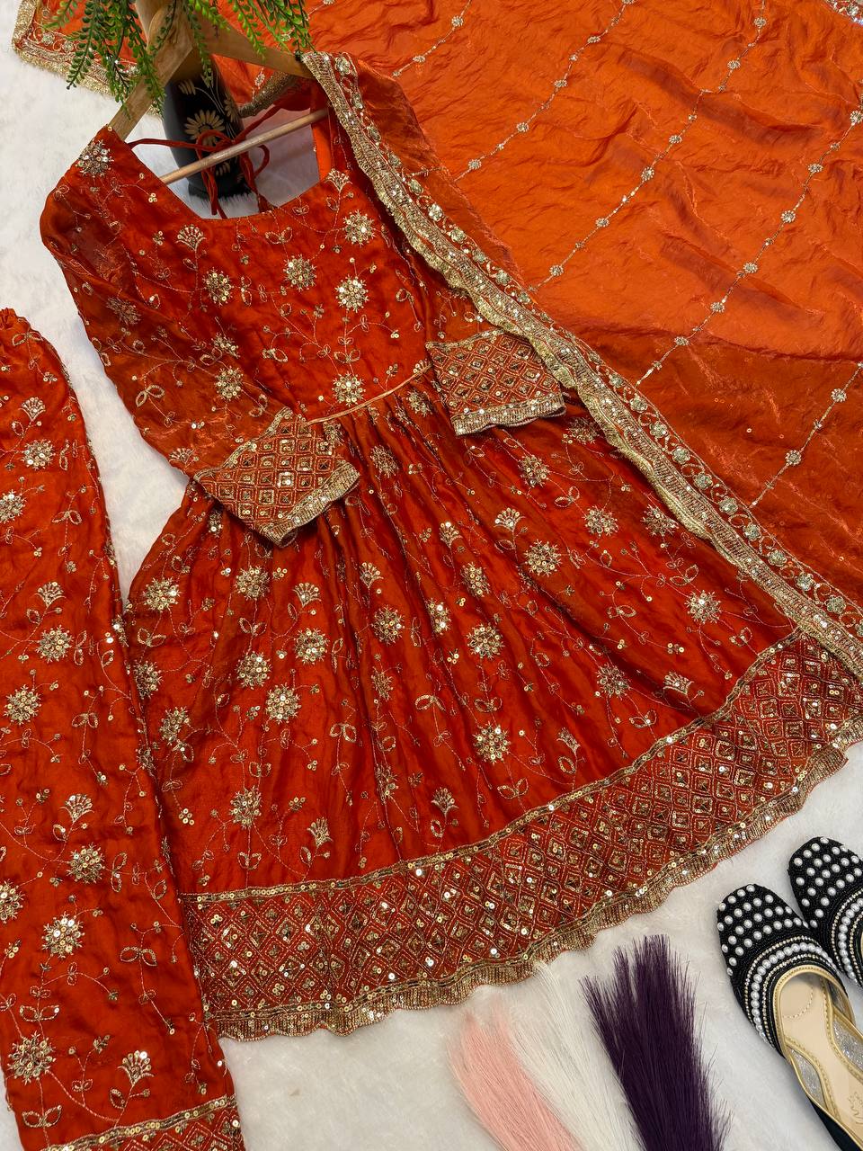 Rust Orange Heavy Embroidered Top Gown Suit Set