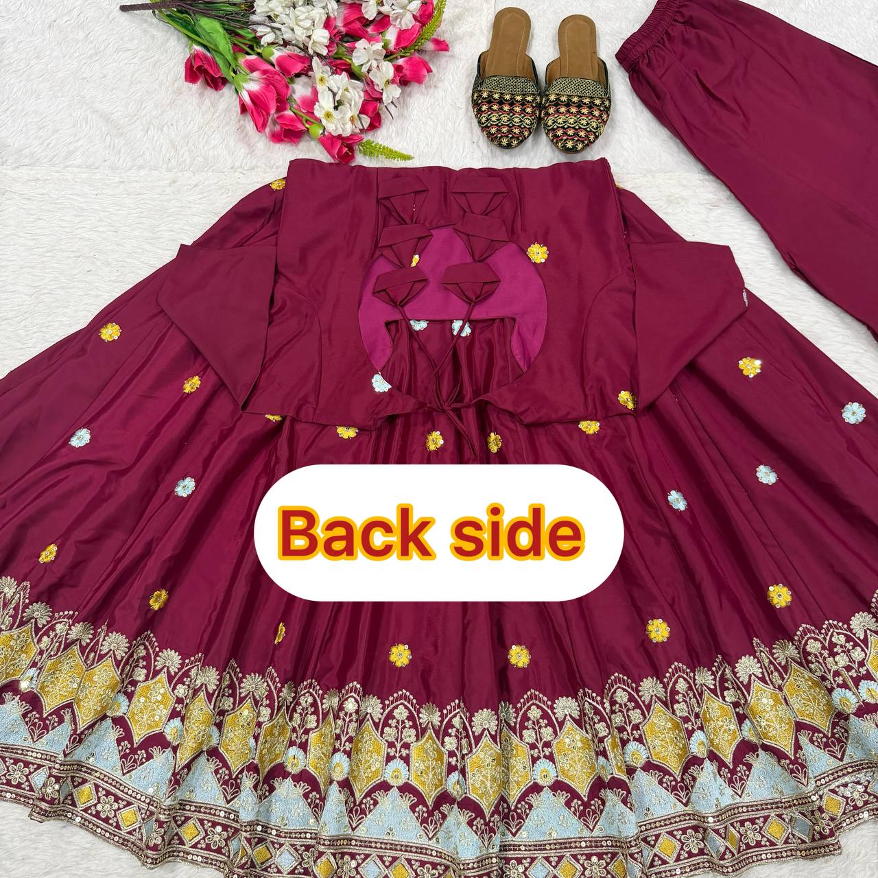 Wine Magenta Border Embroidered Anarkali Suit with Dupatta