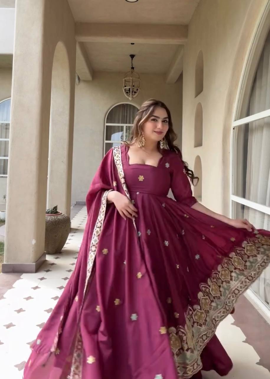 Wine Magenta Border Embroidered Anarkali Suit with Dupatta