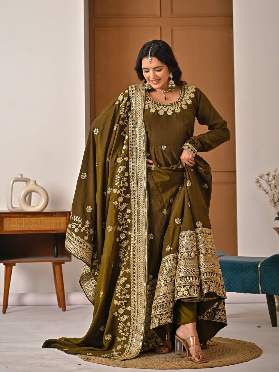 Olive Bronze Heavy Sequin Embroidered Anarkali Suit with Dupatta