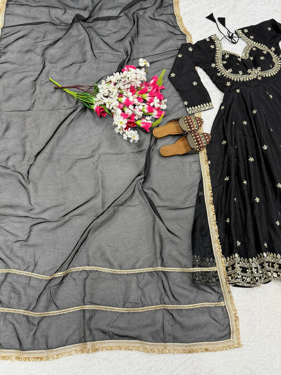 Black Floral Embroidered Anarkali Suit with Dupatta