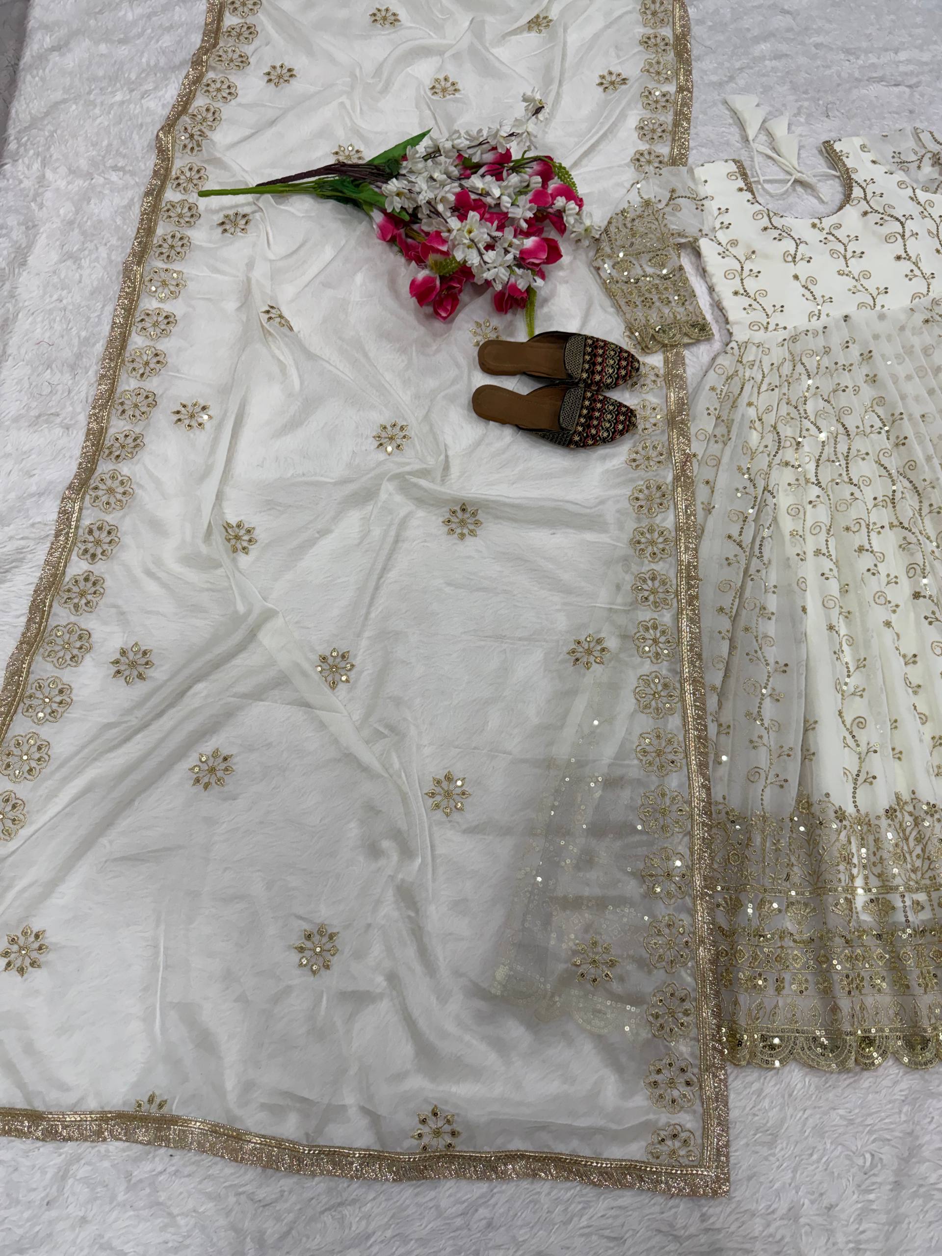 White Sequin Embroidered Anarkali Suit with Dupatta