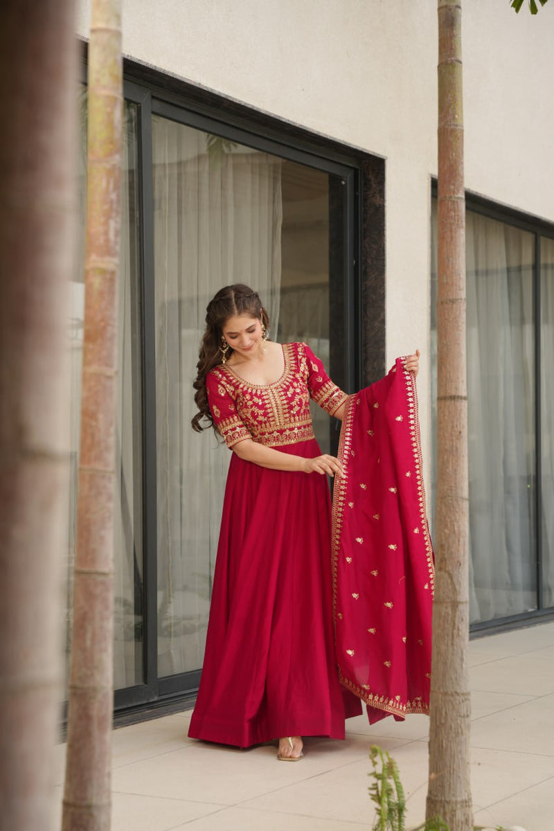 Rani Pink Color Vichitra Silk Embroidered Gown