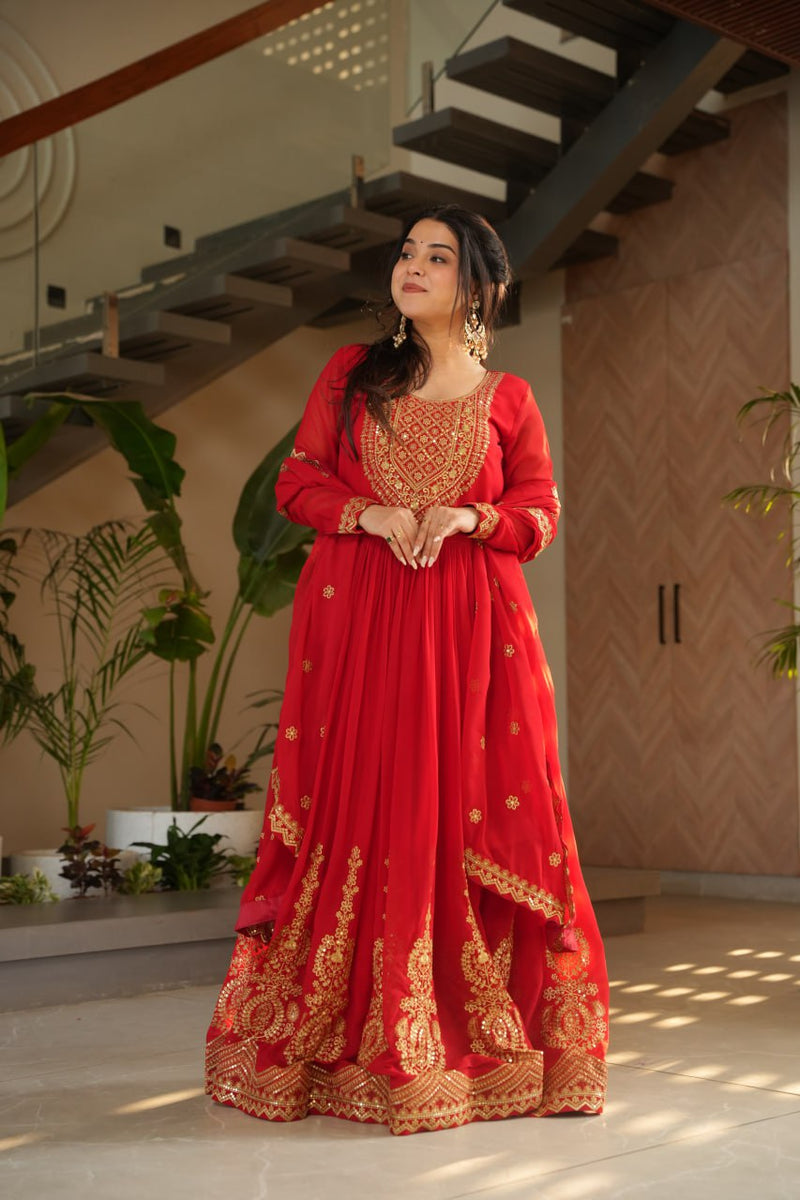 Red Color Faux Blooming Embroidered Gown