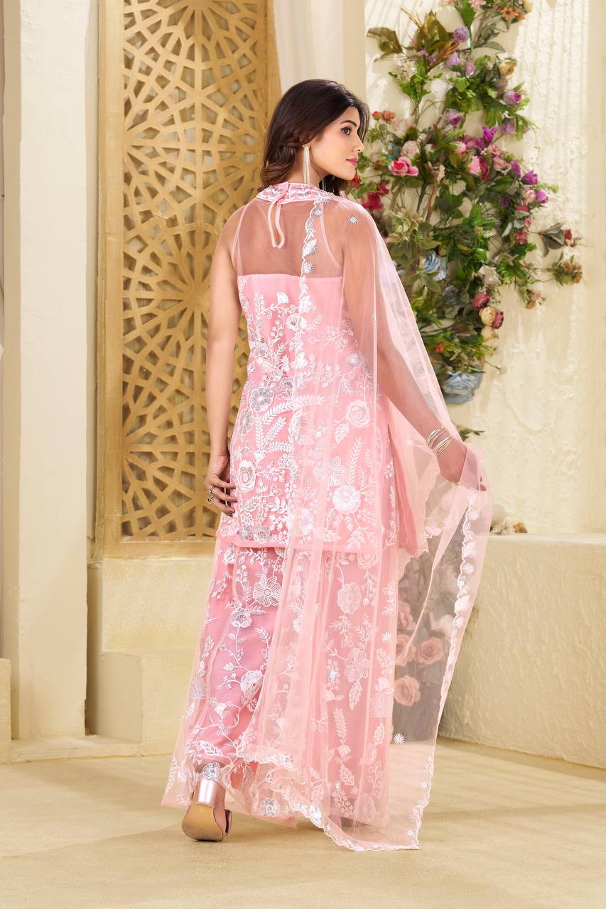 Party Wear Blush Pink Trending Halter Neck Kurta And Plazzo Set Dupatta In Butterfly Net With Sequence Embroidery Work
