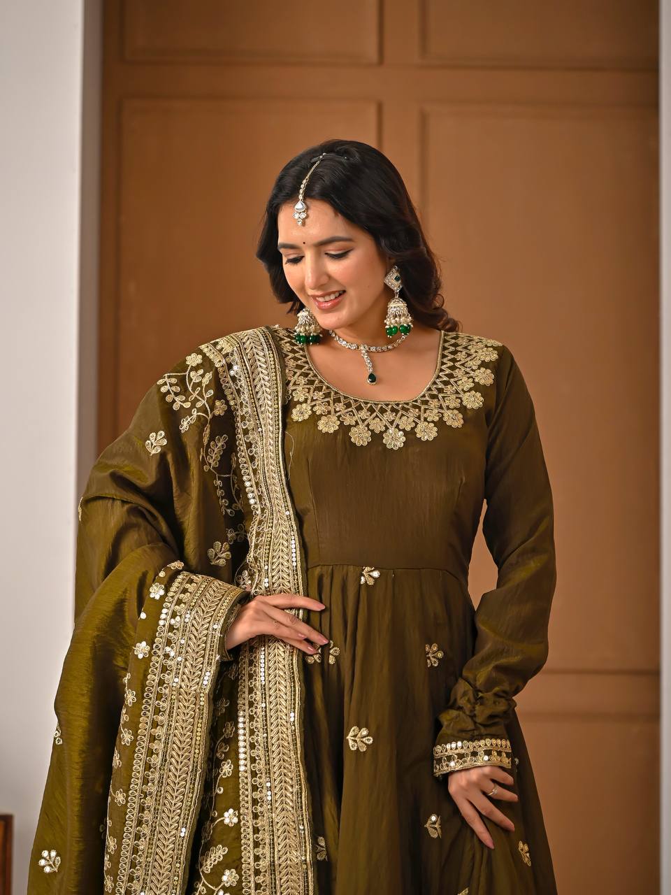Olive Bronze Heavy Sequin Embroidered Anarkali Suit with Dupatta