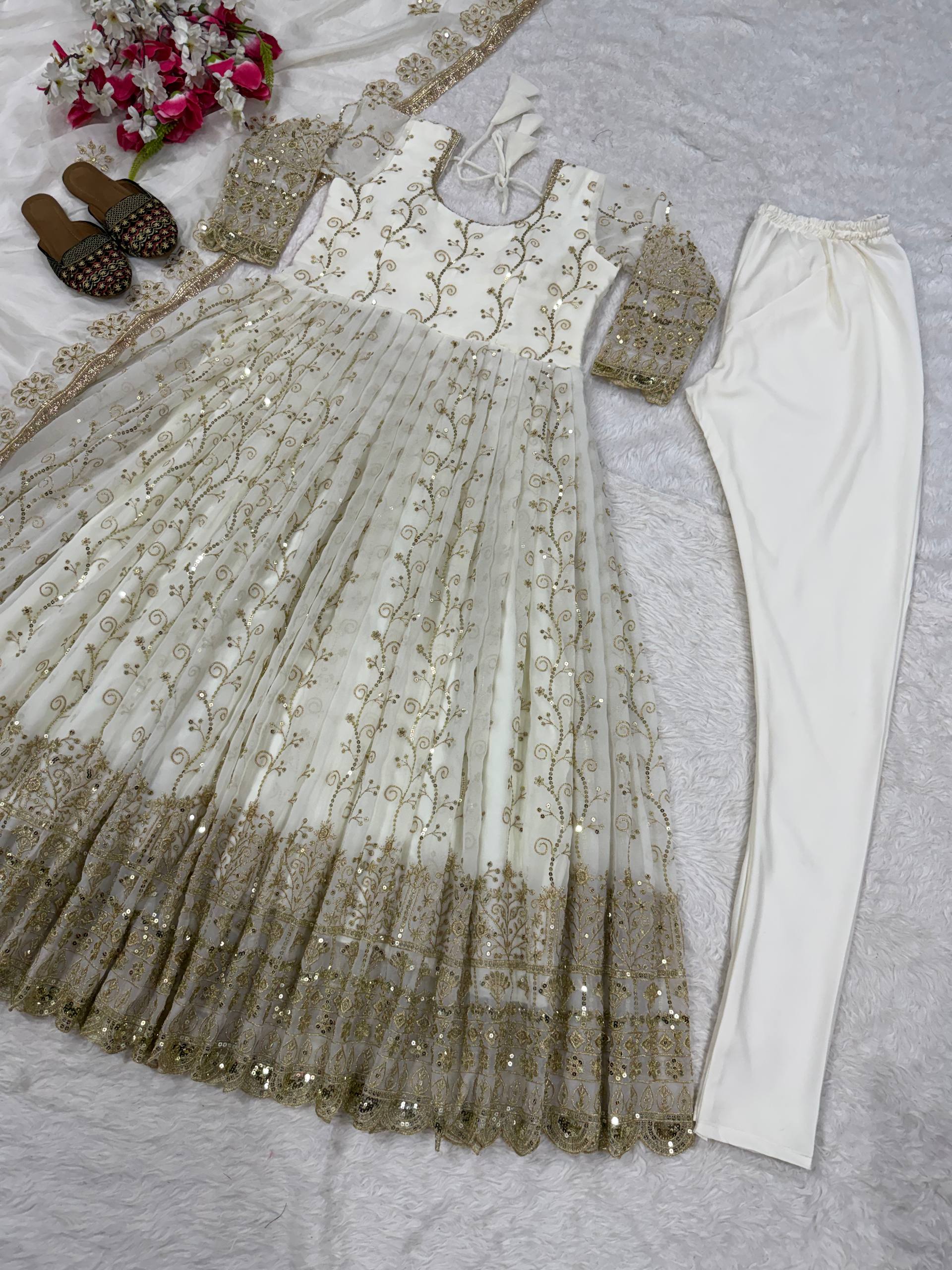 White Sequin Embroidered Anarkali Suit with Dupatta