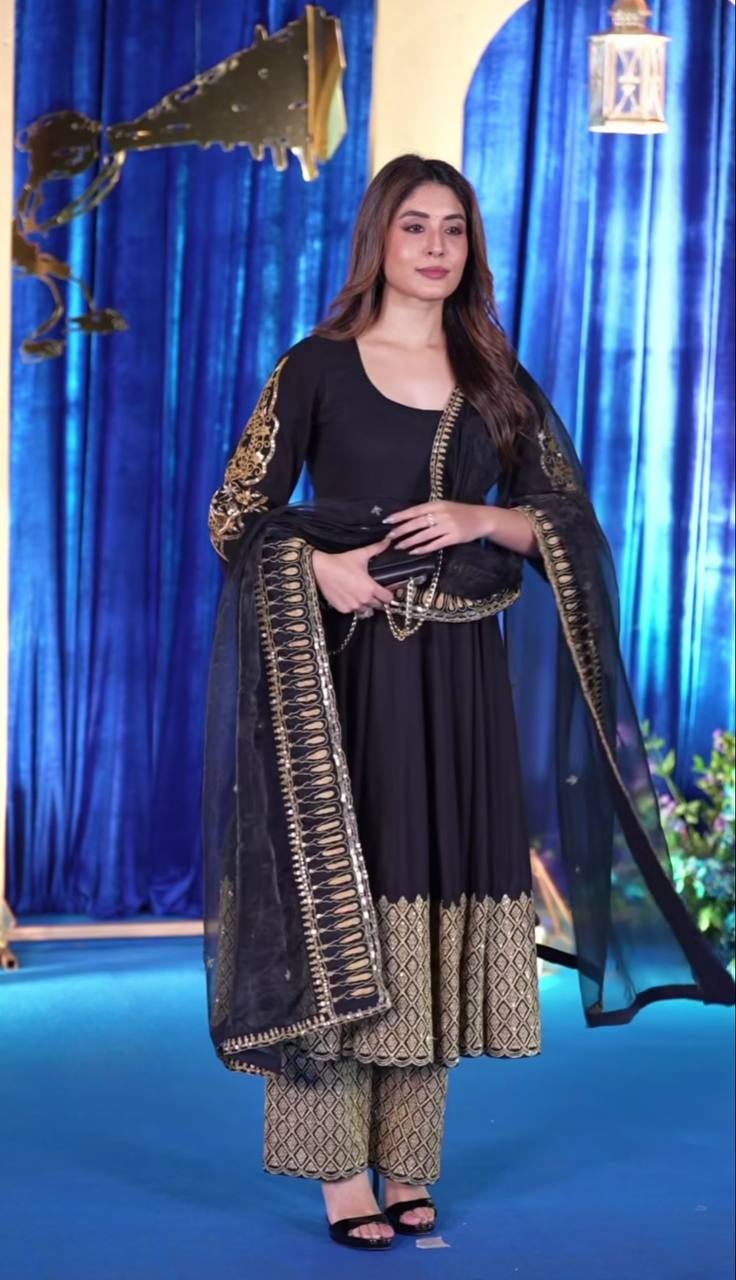 Prakriti Black Premium Festive Suit with Rich Golden Motifs and Organza Dupatta